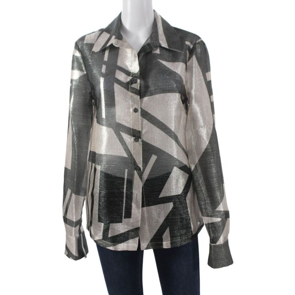ITMFL Womens Silk Blend Geometric Silver Button-Up Long Sleeve Size M